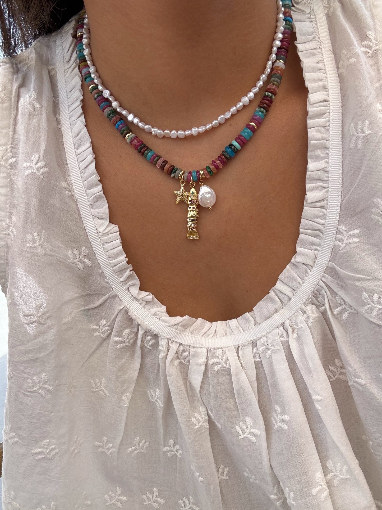 Multicolor Gemstone Fish Charm Necklace