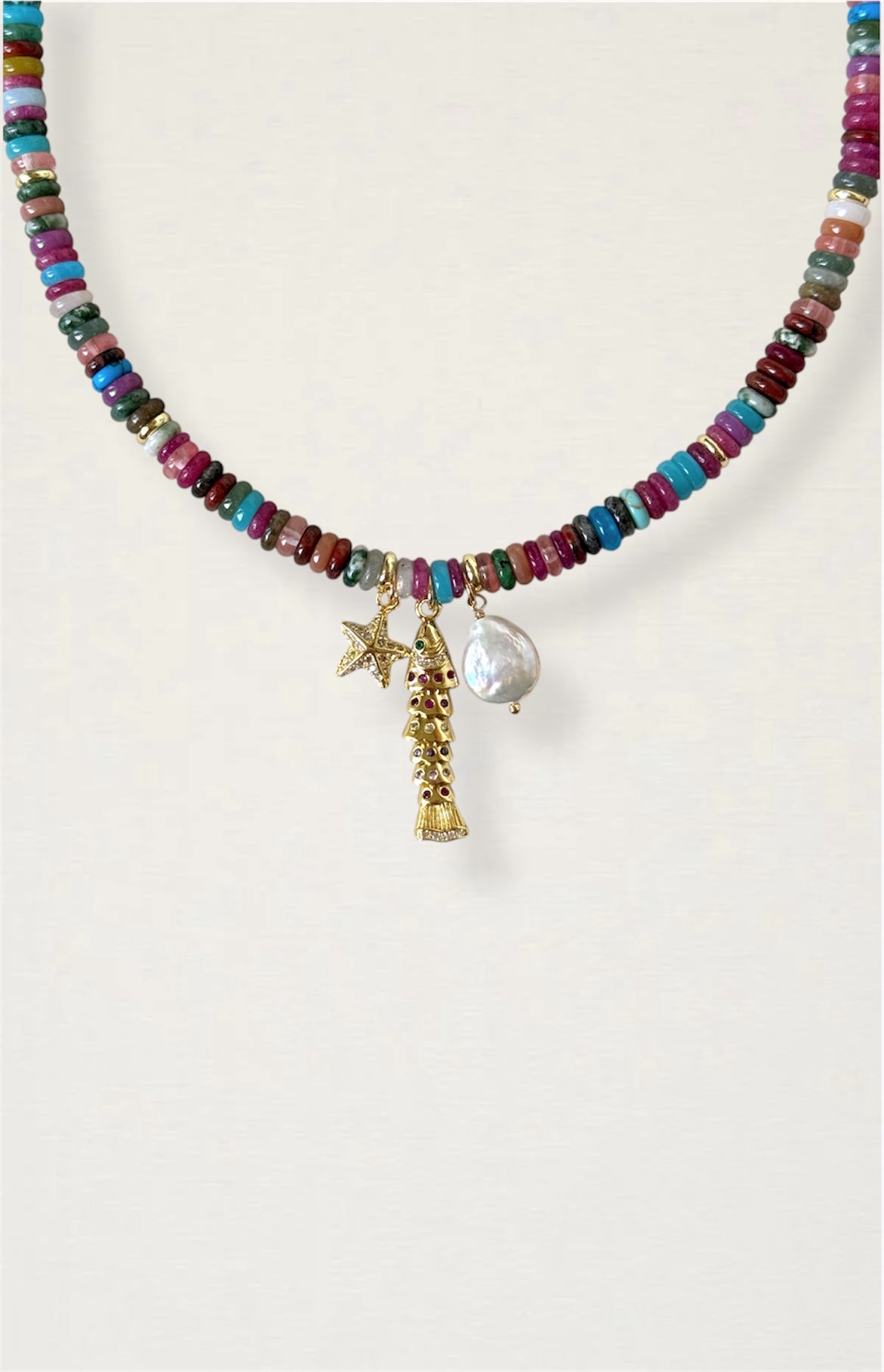 Multicolor Gemstone Fish Charm Necklace