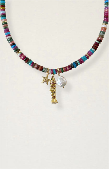 Multicolor Gemstone Fish Charm Necklace