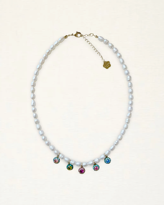 Multicolor Rhinestone Pearl Charm Necklace