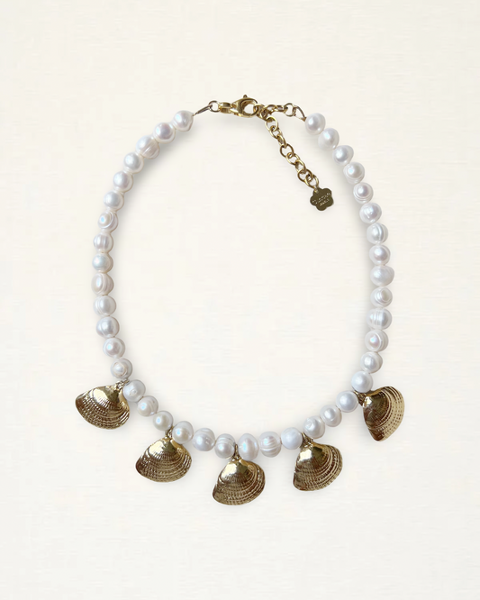 Oceanside Seashell Pearl Charm Necklace