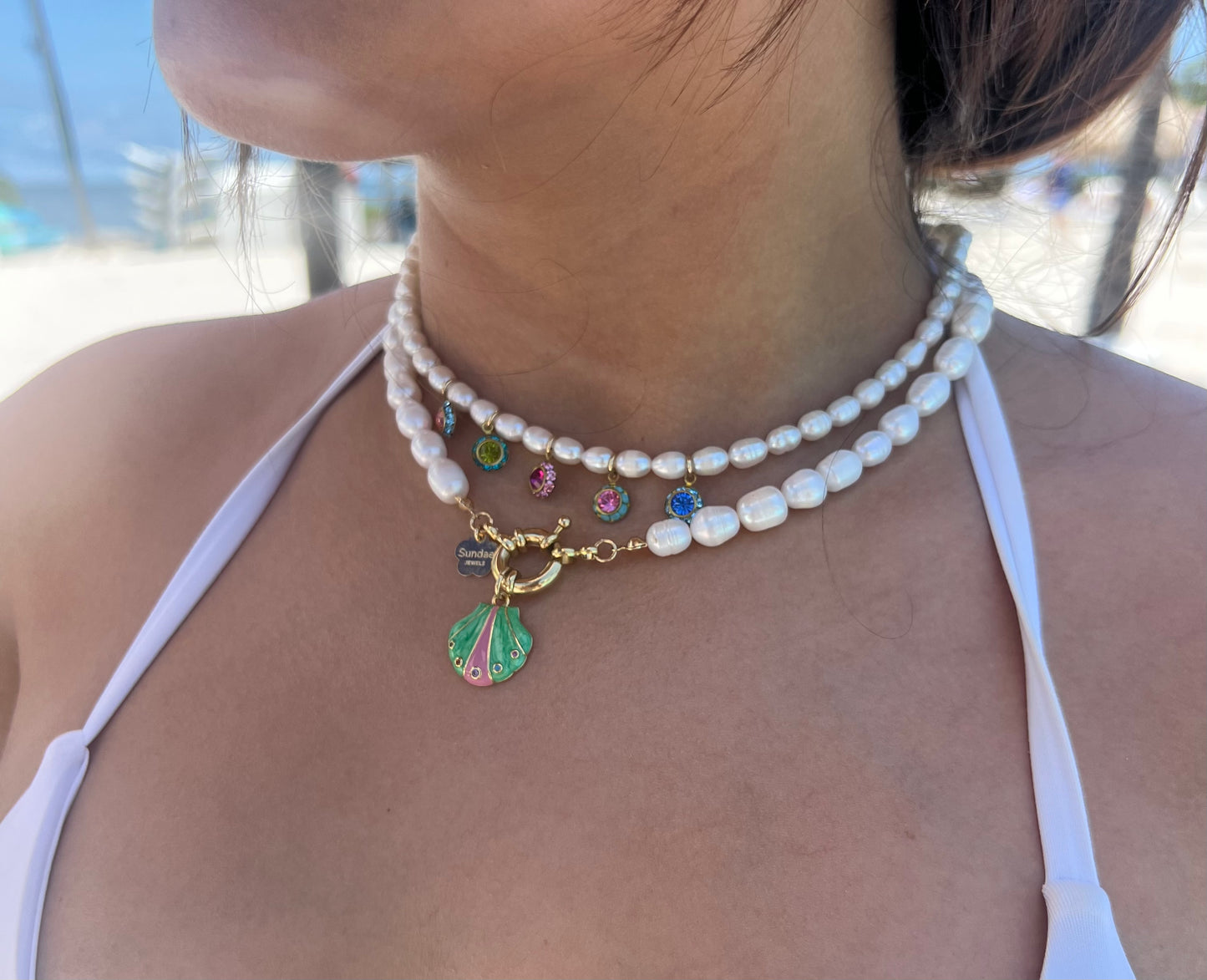 Multicolor Rhinestone Pearl Charm Necklace